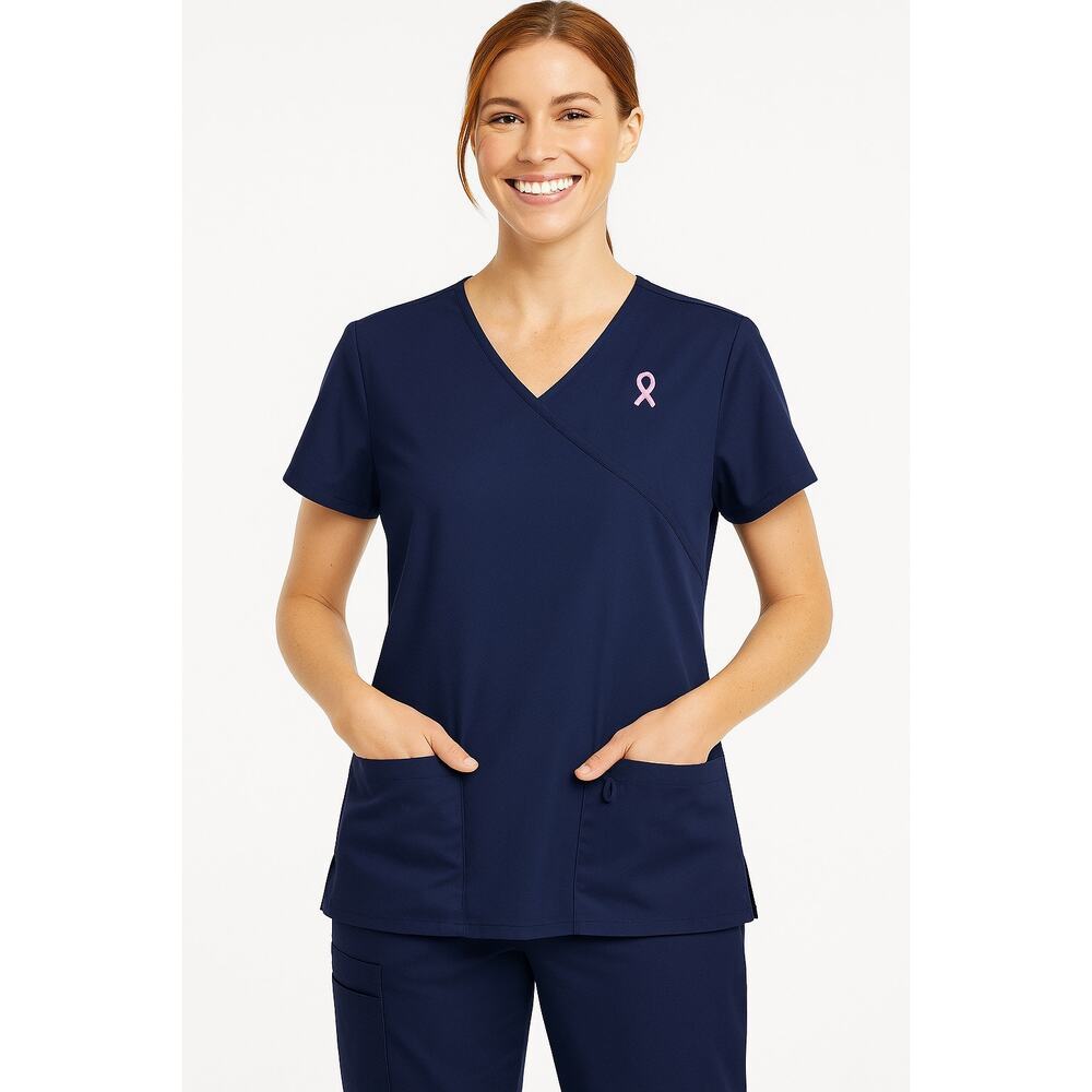 Green Town Navy Pink Ribbon Scrub Set Top‎ & Pants XS Breast Cancer Awareness